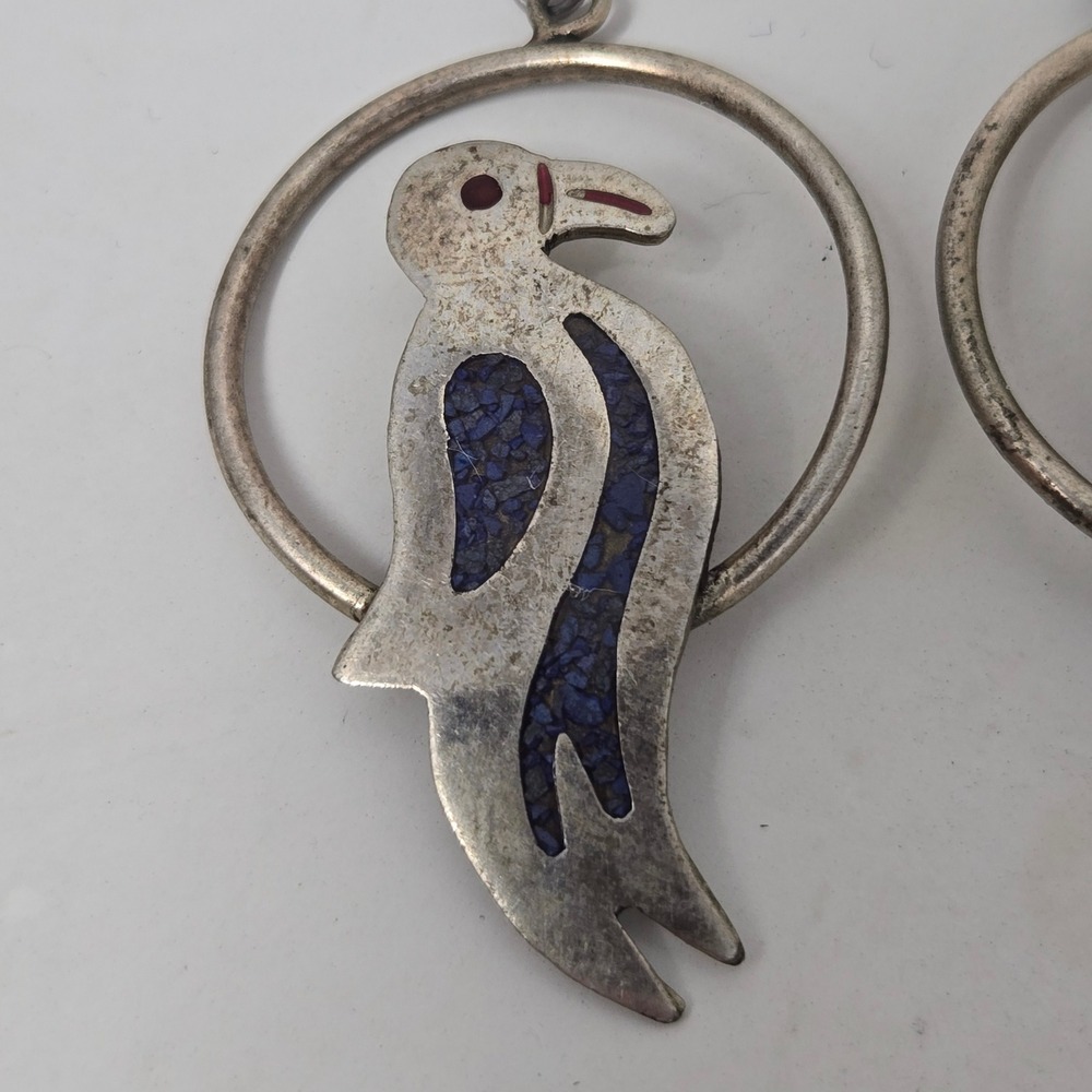 Vintage Alpaca Silver Bird Hoop Earrings Blue Inlay Boho Dangle Drop Fishhook - Picture 2 of 4